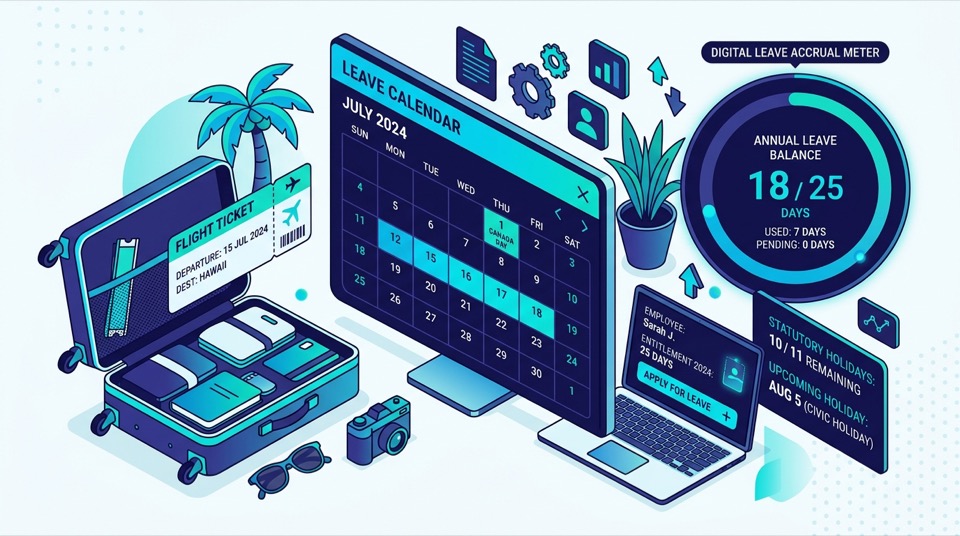 Illustration of a vacation calendar, suitcase, and tropical palm elements representing statutory holiday entitlement calculations