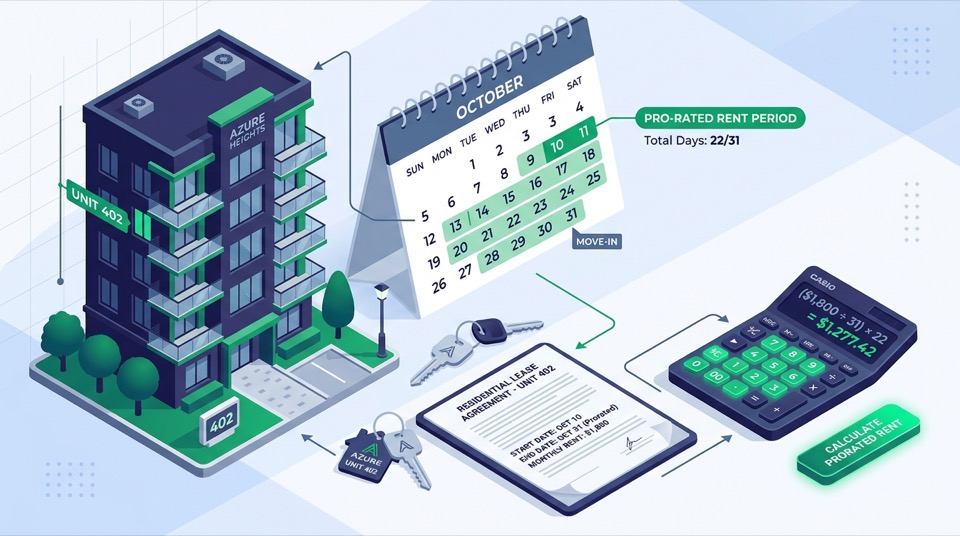 Illustration of a house, rental lease contract, keys, and coins representing mid-month prorated rent calculations