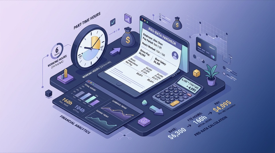 Illustration of a paycheck document, calculator, and clock representing part-time working hours converted to pro-rata annual salary